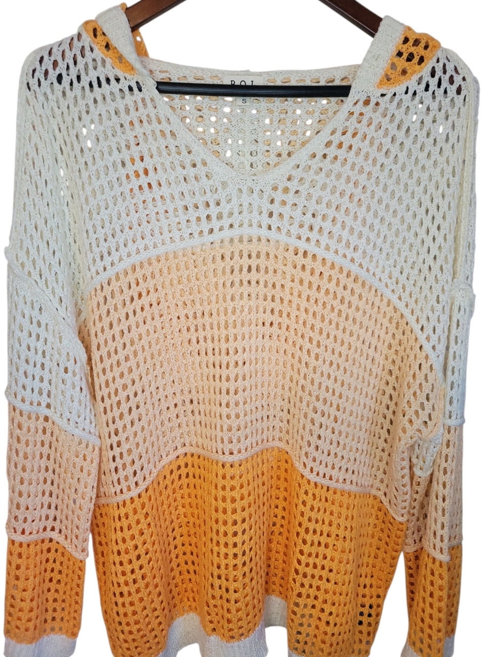 POL Oversized Open Knit Hooded Sweater Small Colorblock Boho Beach Cover Up Top - Picture 4 of 10